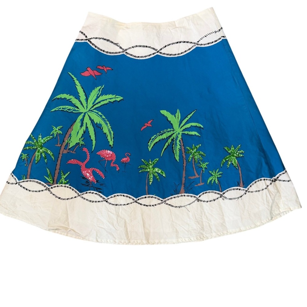 Basil & Maude Florida Souvenir Map‎ Skirt Sequin Flamingo Tropical Blue White 10
